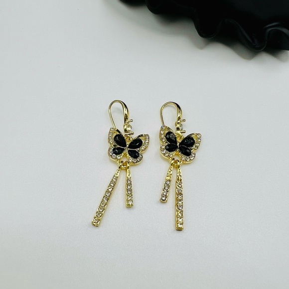 Crystal Studded Gold Butterfly Dangle Earrings in Black and Gold - Picture 9 of 10